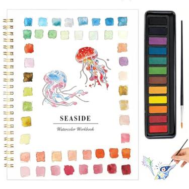 Imagem de Caderno de Aquarela para Iniciantes - Kit Completo de Pintura em Aquarela com Conjunto de Tinta e Pincel de 12 Cores | Livro de Arte Passo a Passo para Adultos e Adolescentes | Aprendizagem Zero