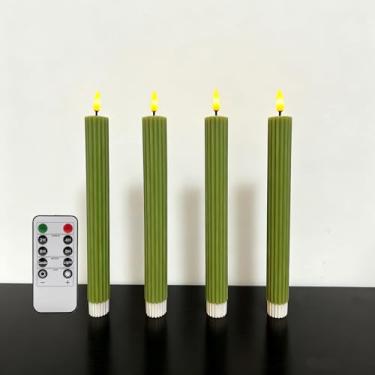 Imagem de Girimax Velas cônicas sem chama com nervuras verde-oliva com controle remoto, castiçais de cera de LED cintilantes, operados por bateria, conjunto de 4