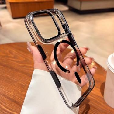 Imagem de SFDSUH Capa transparente magnética para carregamento sem fio com anel de lente de metal e capa rígida de acrílico para iPhone 16 Pro Max (Preta)