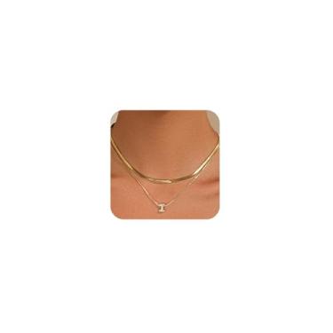 Imagem de KLSURPRISE2 Colar feminino com letra mini bolha – Colar delicado com inicial de zircão banhado a ouro 18 k manchado espinha de peixe em camadas para presente, Large, Cobre, Zircão