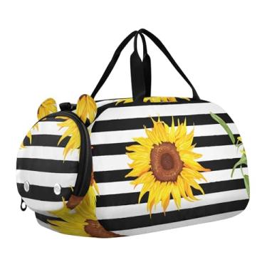 Imagem de Bolsa esportiva para meninos de fim de semana para noite com caras fofas de coala, amarelo claro, bolsas de viagem para meninas, compartimento para sapatos, Girassóis preto e branco listrado, Clássico