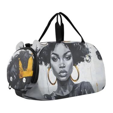 Imagem de Bolsa esportiva de viagem para meninos, burro, desenho animado, cavalo, durante a noite, para o fim de semana, bolsas de viagem, bolsa esportiva de dança, Pintura de coroa dourada Black Queen