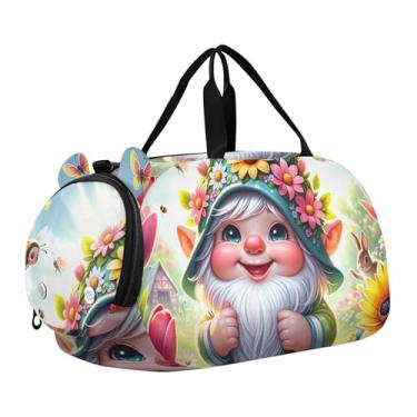 Imagem de Bolsa esportiva para meninos Highland Cow Pink Glasses Overnight Weekender Bolsa de viagem para meninas, Gnomo fofo de primavera, Clássico