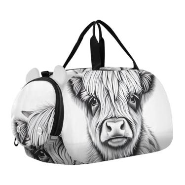 Imagem de Bolsa esportiva para meninos de fim de semana com conchas cor-de-rosa e areia para o sol, para viagem, bolsa esportiva de dança, Linda fazenda vintage de vaca Highland, Clássico