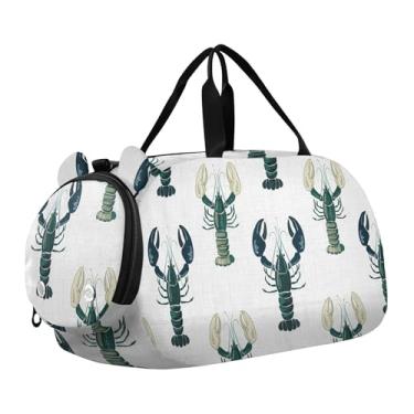 Imagem de Bolsa esportiva para meninos durante a noite, bolsa esportiva colorida com estampa de tartaruga amarela para viagem, bolsa esportiva infantil, Atrovirens azuis, lagostas brancas, Clássico