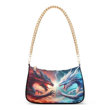 Imagem de Bolsa de ombro com corrente de ombro com desenho animado de dragão de fogo azul, padrão artístico, bolsa de mão Hobo para mulheres, bolsa média moderna clutch para noite
