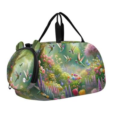 Imagem de Bolsa esportiva de Natal para meninas Highland Cow, bolsa de viagem para fim de semana, compartimento para sapatos noturnos, bolsa esportiva para meninos, Jardim de beija-flores de primavera, Clássico