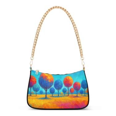 Imagem de Bolsa de ombro colorida azul laranja com alça de corrente, bolsa de mão artística média para mulheres, bolsa Hobo clutch para uso diário e noite