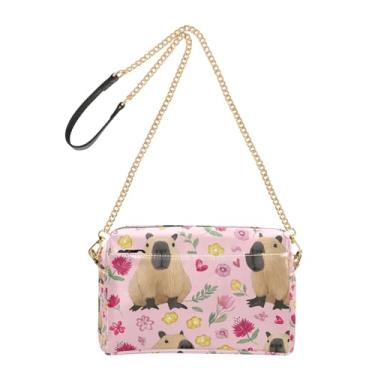 Imagem de Joitme Lindas capivaras flores rosa bolsa feminina bolsa transversal de couro PU bolsa de ombro alça de corrente bolsa de telefone fofa