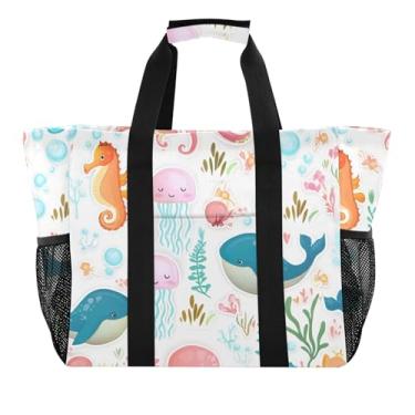 Imagem de Joitme - Bolsas de praia para mulheres, sacolas reutilizáveis de desenho animado, bolsas de compras de tecido para professores, criaturas marinhas fofas, bolsas de viagem grandes para mamãe