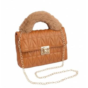 Imagem de Bolsa feminina com alça de pelúcia bordada corrente ombro transversal elegante pequena bolsa quadrada, Marrom