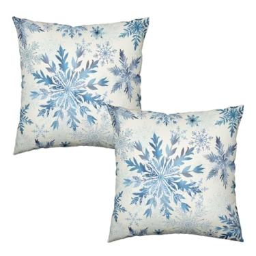 Imagem de Wnoesat Conjunto de 2 capas de travesseiro de inverno com floco de neve azul para decoração de Natal 40,6 x 40,6 cm, casa de fazenda, Natal, Natal, exterior, algodão, linho, fronha para sala de estar