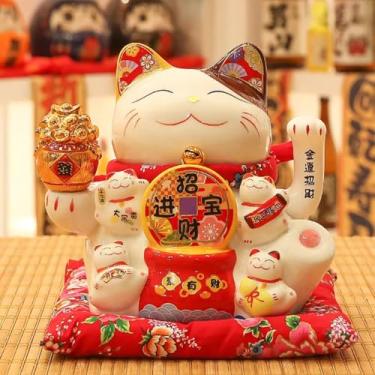 Imagem de FENNYYAR Tigela de tesouro portátil de cerâmica com maneki neko e gato branco, 24 cm, item de decoração de casa para atrair riqueza