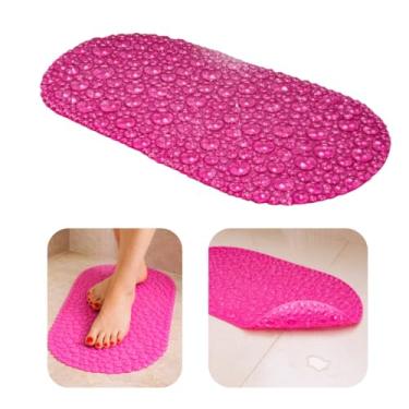Imagem de Tapete de Banho Oval para Box Antiderrapante Piso Molhado Efeito Bolhas Massagem com Ventosas de Sucção Anti Queda Chuveiro Banheiro Base Pvc Alta Aderência Banheira Lavável (Rosa Pink)