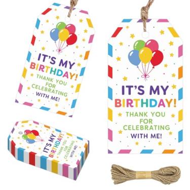 Imagem de 50 etiquetas de presente de feliz aniversário arco-íris com cordão, etiquetas de lembrancinha de festa em cores arco-íris, etiquetas multicoloridas de presente de agradecimento de aniversário para