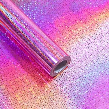 Imagem de Rolo de papel de embrulho rosa a laser, papel de embrulho metálico holográfico estrela para mulheres, meninas, papel de embrulho de presente com linha de corte para artesanato faça você mesmo