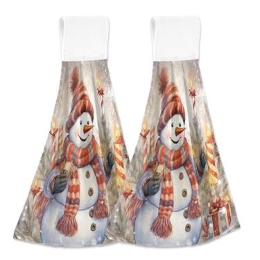 Imagem de Blueangle 2 peças de toalhas de gravata penduradas de boneco de neve de Natal toalha de mão de cozinha absorvente de veludo coral macio pano de pano para cozinha e banheiro (337)