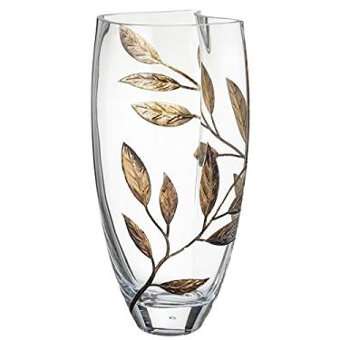 Imagem de Vaso de vidro soprado à mão de luxo - decorado com folhas gravadas e pintadas - caixa de presente - Vaso de mesa central transparente de forma única para decoração de casa - 29 cm (11,4 pol.) (ouro)