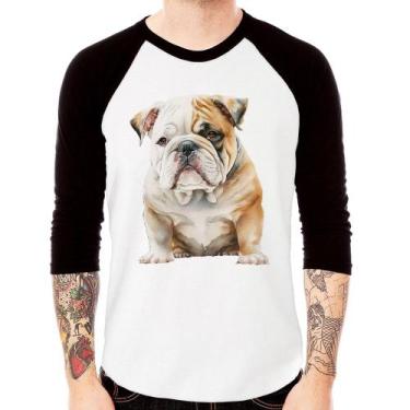 Imagem de Camiseta Raglan Bulldog-Inglês Manga 3/4 - Foca na Moda, Branco, Preto