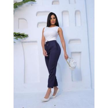 Imagem de Calça Alfaiataria Feminina Casual Bolsos Elástico Cintura Elegante - L