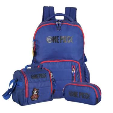 Imagem de Kit Mochila One Piece Costas Lancheira E Estojo 3 Divisórias, Azul