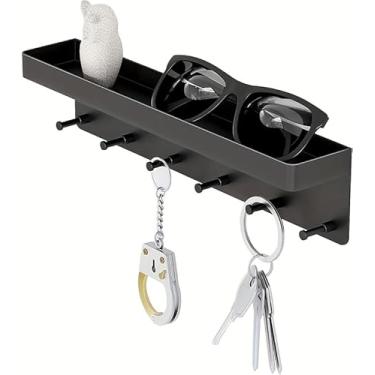 Imagem de Porta-chaves adesivo montado na parede - organizador de chaves sem broca com ganchos para chaves, carteira e acessórios pequenos, armazenamento de entrada de cozinha com economia de espaço (preto)