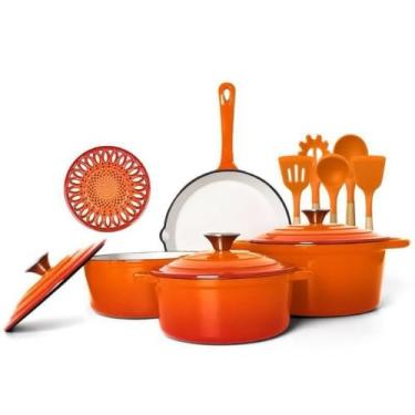 Imagem de Conjunto de Panelas de Ferro Fundido Esmaltado 10 Peças - Frigideira e Panelas Antiaderentes (Laranja)