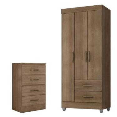 Imagem de Guarda Roupa Solteiro 3 Portas e Cômoda 4 Gavetas Lite Carvalho Oak - Móveis Leão