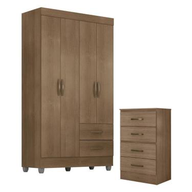 Imagem de Guarda Roupa Solteiro 4 Portas e Cômoda 4 Gavetas Lite Carvalho Oak - Móveis Leão