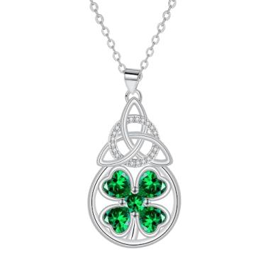 Imagem de Colar feminino com pingente de gota de nó celta irlandês de trevo de quatro folhas, banhado a prata delicada, em forma de coração, zircônia cúbica verde, corrente da sorte, ajustável, joias modernas