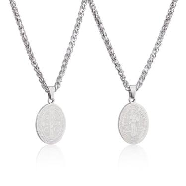 Imagem de DICOSMETIC 2 colares de medalha de São Bento Saint Michael Protect Us Colar com pingente de medalha religiosa de aço inoxidável, joia católica cristã, presente católico para homens e mulheres, Aço