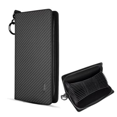 Imagem de T-carbon Porta-cartão de crédito com zíper, carteira com bloqueio de RFID para homens e mulheres, porta-cartões de visita de couro de fibra de carbono, 36 compartimentos para cartões, preto