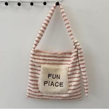 Imagem de Sacola feminina texturizada macia de grande capacidade, bolsa tiracolo de ombro bordada, bolsa de lona de retalhos, rosa