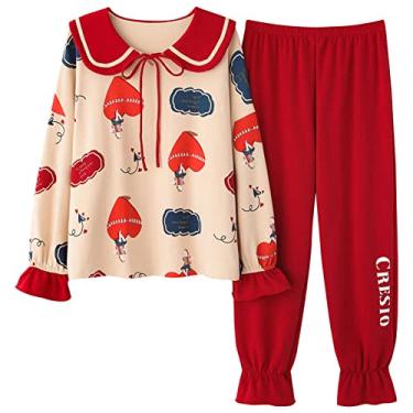 Imagem de HHHJQFAAT Pijama feminino com desenho animado primavera pijama estilo princesa plus size camisola camisola camisola solta (vermelho médio)