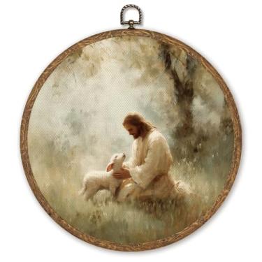 Imagem de Decoração de arte de parede de Jesus - O Bom Pastor Cristão Obra de Pendurar Redonda, Impressões em Tela de Fé Religiosa para Sala de Estar Quarto Sala de Oração, Decoração de Parede Redonda de 25 cm