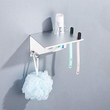 Imagem de U5GAAALPPQ9 Prateleira de banheiro Prateleiras de banheiro Suporte de pasta de dentes de alumínio prateado Rack de armazenamento de parede Prateleiras de copo com gancho Prateleiras de banheiro