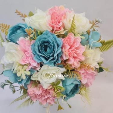 Imagem de Buquê de Noiva Artificial com Flores Coloridas para Casamento Civil ou Religioso(Rosa/Azul/A10Branco)