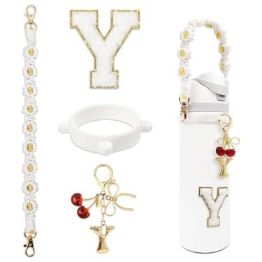 Imagem de BydGxy Pingente de laço de fita de cereja para Owala FreeSip & Tumbler, acessórios de alça de garrafa de água iniciais personalizados, presente estilo preppy (branco) - Y