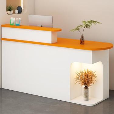 Imagem de Mesa de recepção moderna com luz LED e gaveta com trava, recepção laranja para escritório, balcão de varejo de 140 cm com armário de armazenamento