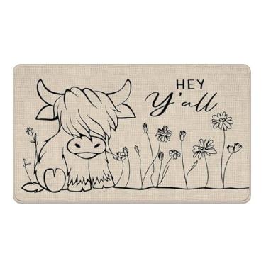 Imagem de Livcoz Tapete de porta da frente Farm Highland Cow Hey Y'all, tapete decorativo floral retrô para casa de fazenda, tapete de entrada antiderrapante, rústico, rústico, discreto, interior, exterior