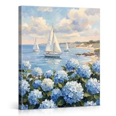 Imagem de Arte de parede floral de veleiros costeiros impressão azul hortênsias paisagem marítima pintura em tela arte estética decoração de parede para casa casa praia sala de estar 20 x 25 emoldurado