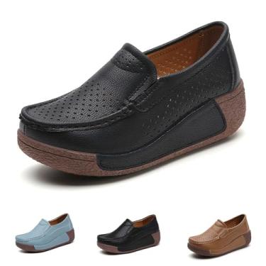Imagem de Mocassim feminino plataforma sem cadarço moderno, leve, confortável, respirável, bico redondo, plataforma baixa, Preto vazado, 36