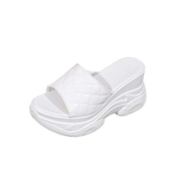 Imagem de Sandálias femininas de bico redondo de sola grossa para primavera e verão, sapatos casuais confortáveis de bico aberto com plataforma de 7 cm, Branco, 35