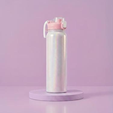 Imagem de Garrafa Térmica 900ml com Efeito Holográfico e Dupla Saída de Água | Canudo Retátil e Bico, Tampa Antivazamento e Alça (Rosa)