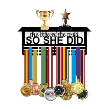 Imagem de Resama Suporte de Medalha de Moda Display Rack de Parede Prateleira de Metal Preto Medalha Cabide com Prateleira de Troféu Prêmios Fita Cheer, Ginástica, Futebol Fácil de Instalar