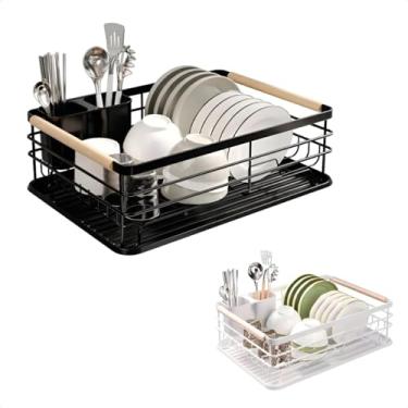 Imagem de Escorredor de Louças Pratos em Aço Inox com Alças de Bambu, Porta Talheres, Bandeja de Drenagem Removível (Preto)