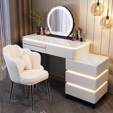 Imagem de Mesa de maquiagem com espelho e luzes de tela sensível ao toque, conjunto de penteadeira com cadeira, penteadeira moderna para aplicação de maquiagem e soluções de armazenamento