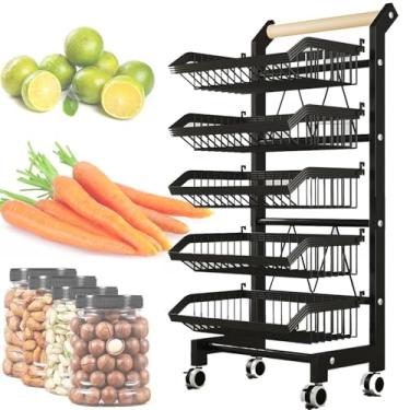 Imagem de Organizador de prateleira comercial de 5 camadas de frutas e legumes, carrinho de armazenamento de cozinha, rack de lanche, rack de exibição de varejo, prateleira de mercado negro para frutas e