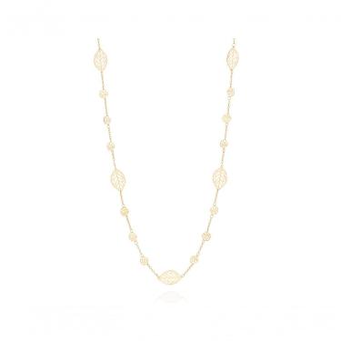 Imagem de Colar Folheado Ouro Fio Flores Folhas Vazadas Bonito 531289