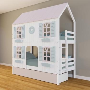 Imagem de Beliche Casinha Bela Com Coração 2 Gavetas Rosa 4 Janelas Venezianas - Madeira Maciça Branco/rosa/verde Housin